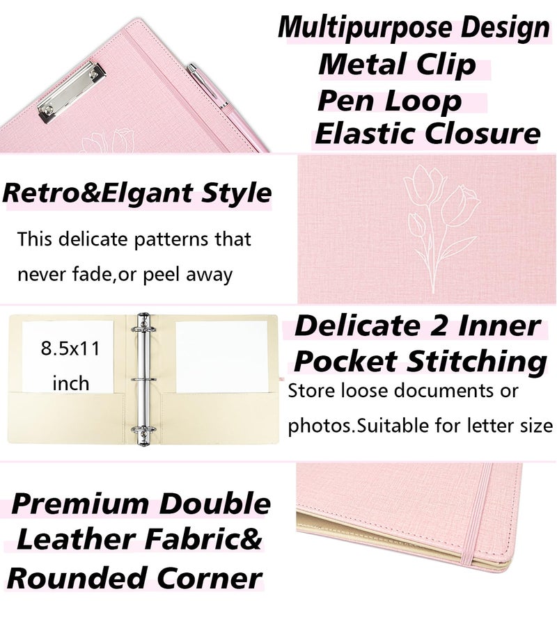 BVSSX 3 Ring Binder  2 Inch Linen Binders Organizer for Letter Size (8.5"" x 11"") Paper with 5-Tabs Pockets Dividers  BVSSX Leather Three Ring Binders with Clipboard  Plastic Folder  Pen Loop - Pink Tulips - Image 4